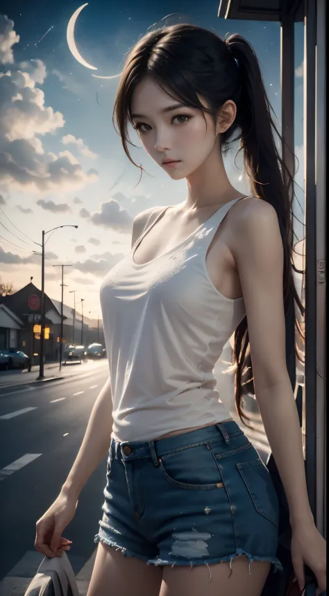 Beautiful short pony tailed girl waiting at the bus stop，Behind him is a graceful crescent moon，The sky is dotted with bright st...