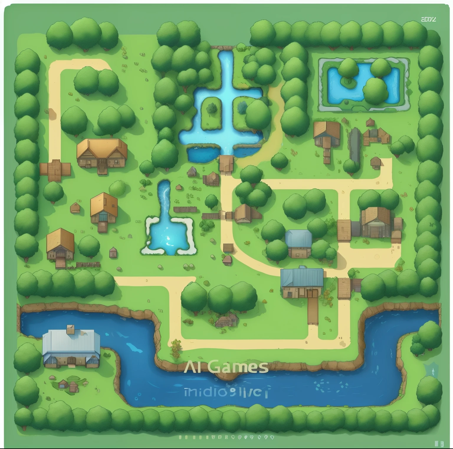 A cartoon map of a small village with a pond and a small village - SeaArt AI