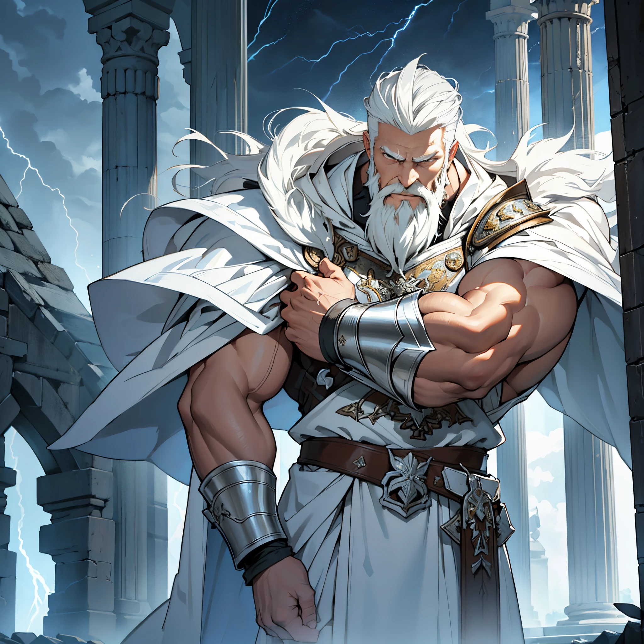 ​masterpiece, 4k, Large elderly knight in white metal armor,White Cloak, white neat hair,nice beard,imperial royal family, salama, thunderstorm, thunderbolts, Background with: Temple of Zeus struck by lightning