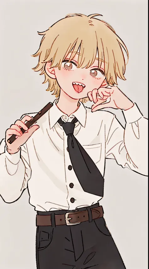 (masterpiece, best quality:1.2), cowboy shot, solo, male focus, looking at viewers,  1boy, denji, sharp teeth, blonde hair, evil smile, open mouth, sticking out tongue, 0pen, looking at viewer, blonde hair, brown eyes, white collared shirt, black necktie, ...