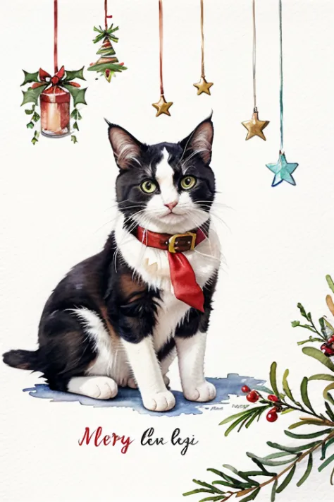 Christmas watercolor illustration Christmas Eve cat