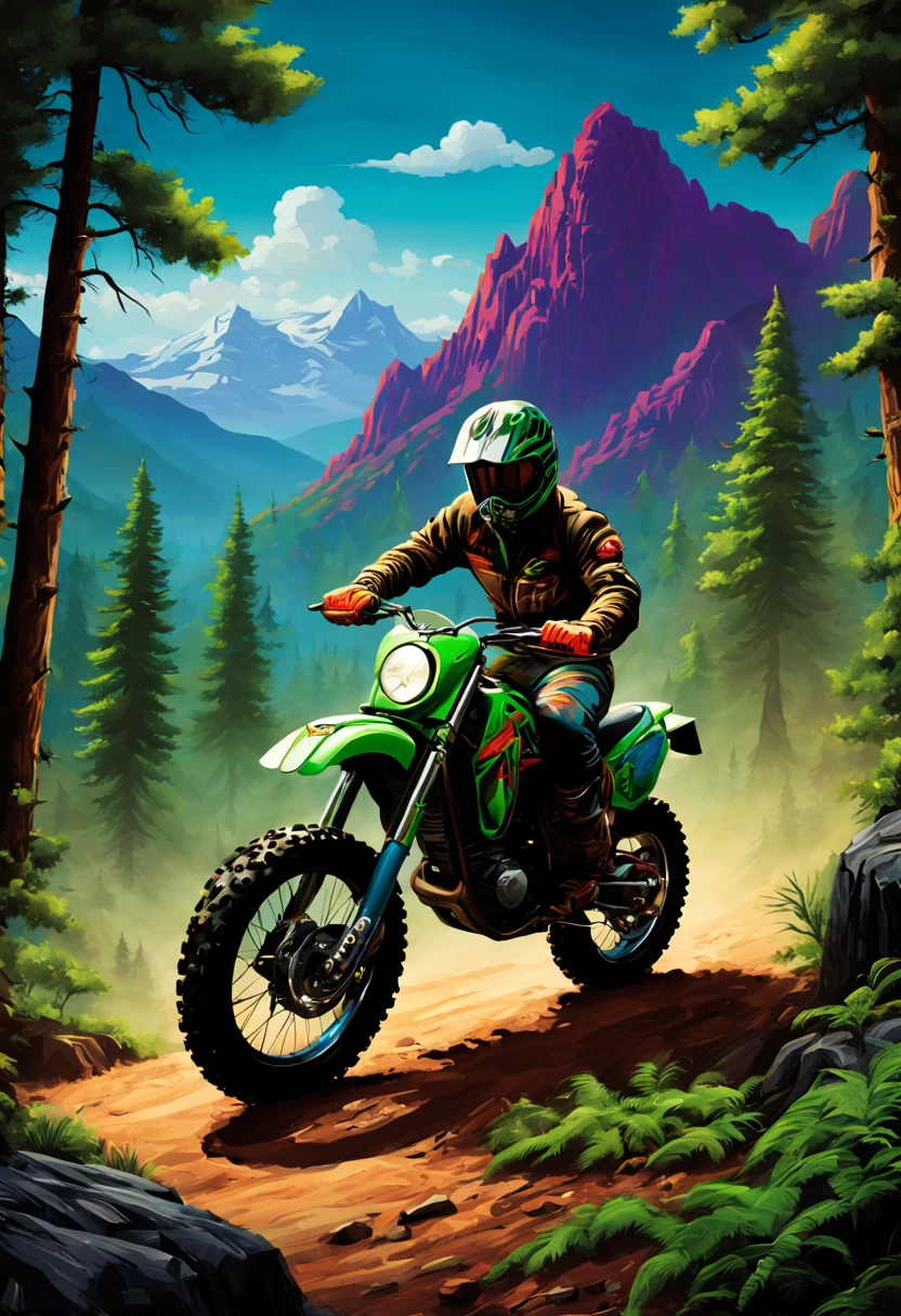 moto cross, pneus robustes, rétro, quatre couleurs, Seulement quatre couleurs, Artistique, Détail supérieur, pas d&#39;ombrage, couleurs séparées, Détails fins, néons verts, Montagnes, forêt,