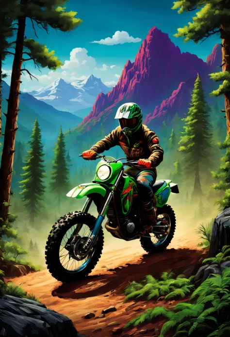 Dirtbike, rugged tires, Retro, Four Colors, Only four colors, Artistic, Superior Detail, no shading, separate colors, Fine Detai...