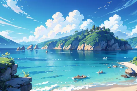 (illustrations : 1.0), Epic composition, photorealistic lighting, HD detail, ​masterpiece, Best quality at best, (Highly detailed CG integrated 8k wallpaper) , blue sky, blue ocean, fluffy clouds