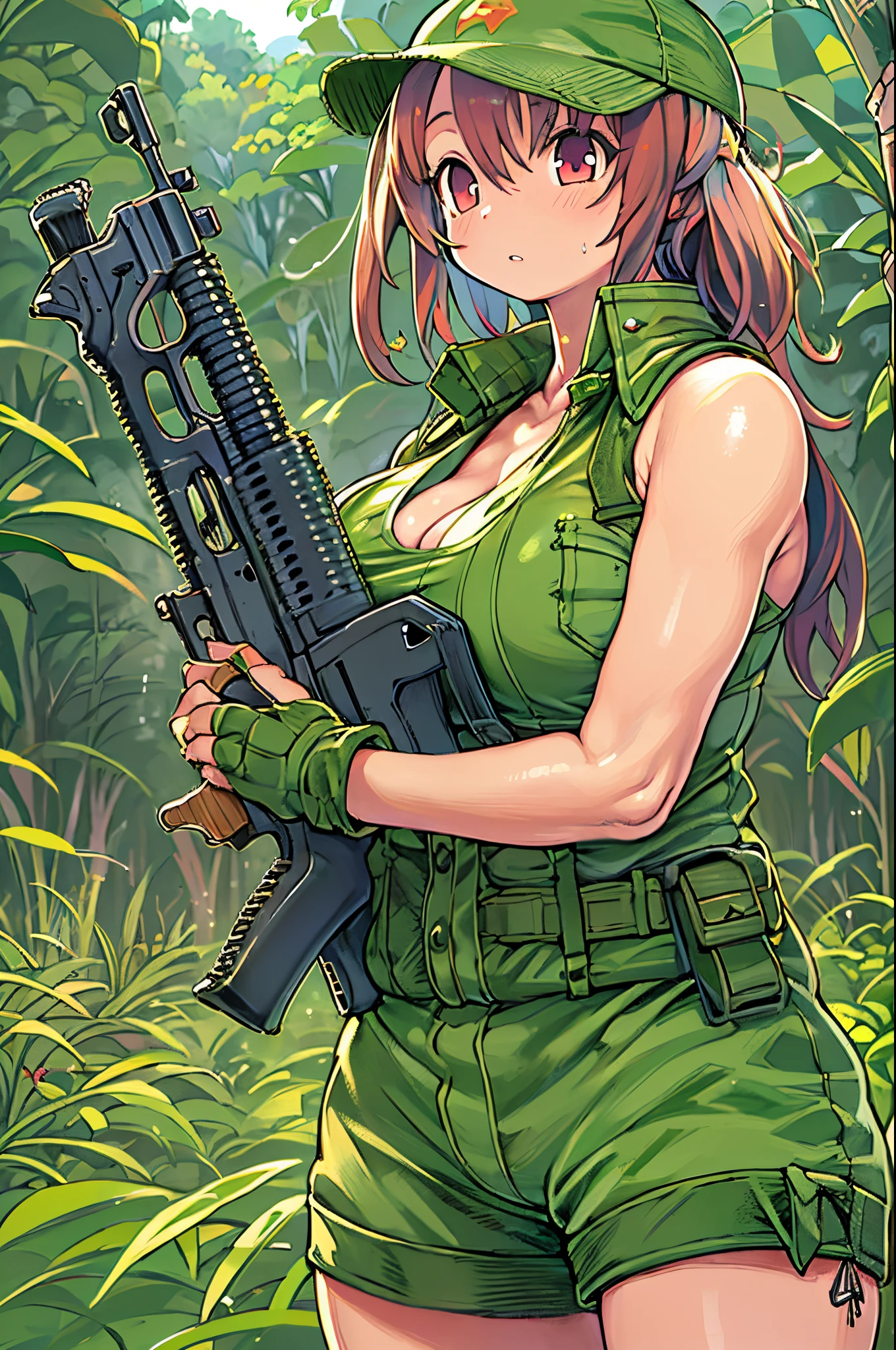 masutepiece、A 20-year-old woman wearing a green tank top holds a gun in a field., cute girl wearing a tank suit, gorgeous jungle ranger, large breasts size, with large breasts, forest hunter lady, with a big chest, Half body shot, Carrying a gun, Thick jungle, Carrying a rifle, Carrying a gun, Militarism!!!, Covered SFW huge breasts, SFW huge breasts、 anime moe art style