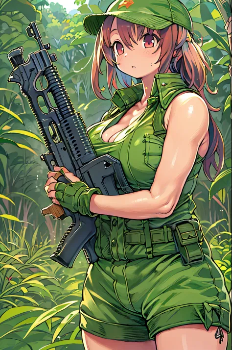 masutepiece、A 20-year-old woman wearing a green tank top holds a gun in a field., cute girl wearing a tank suit, gorgeous jungle...