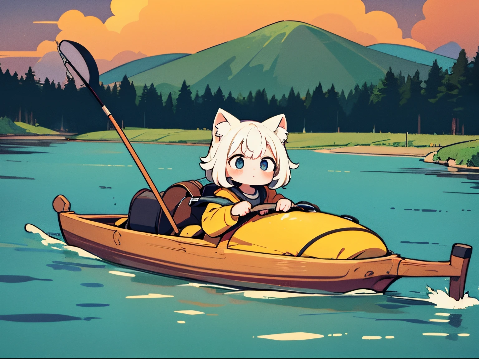 Uma obra-prima, um plano de fundo detalhado, e um "Camping Yuru" ilustração ampla inspirada com um simples, uso leve que destaca uma gatinha. Ela está pescando em um lago,