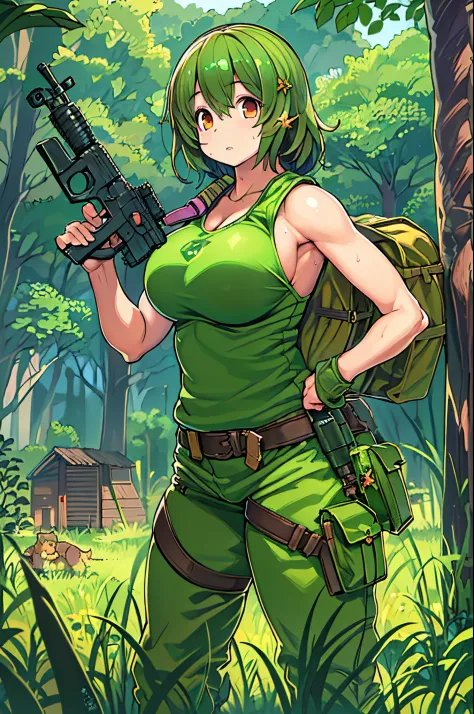 masutepiece、A 20-year-old woman wearing a green tank top holds a gun in a field., cute girl wearing a tank suit, gorgeous jungle...