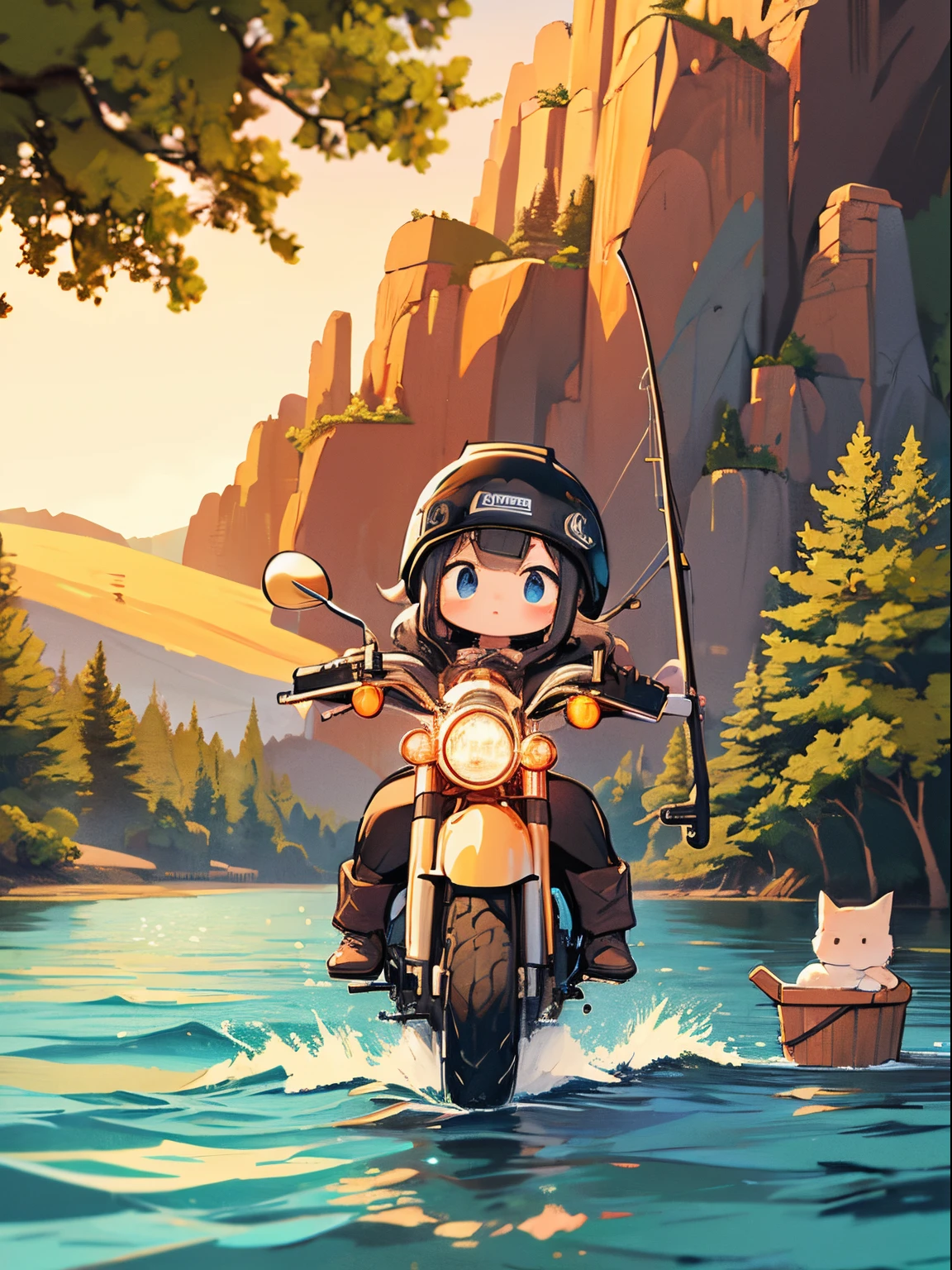 杰作, 详细背景, 和一个 "Yuru Camping" 灵感来自简单的宽幅插图, 轻度使用，突出小猫女孩. 她在湖里钓鱼, 旁边停着一辆 Harley-Davidson Electra Glide™ Highway King.
