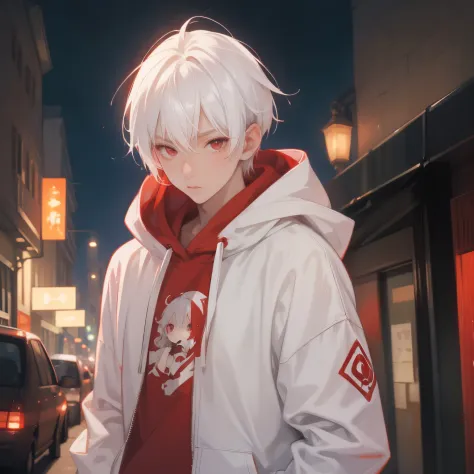 1 boy with red eyes and white hair wearing a white hoodie at night
