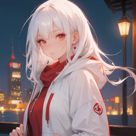 1 girl with red eyes and white hair wearing a white hoodie at night