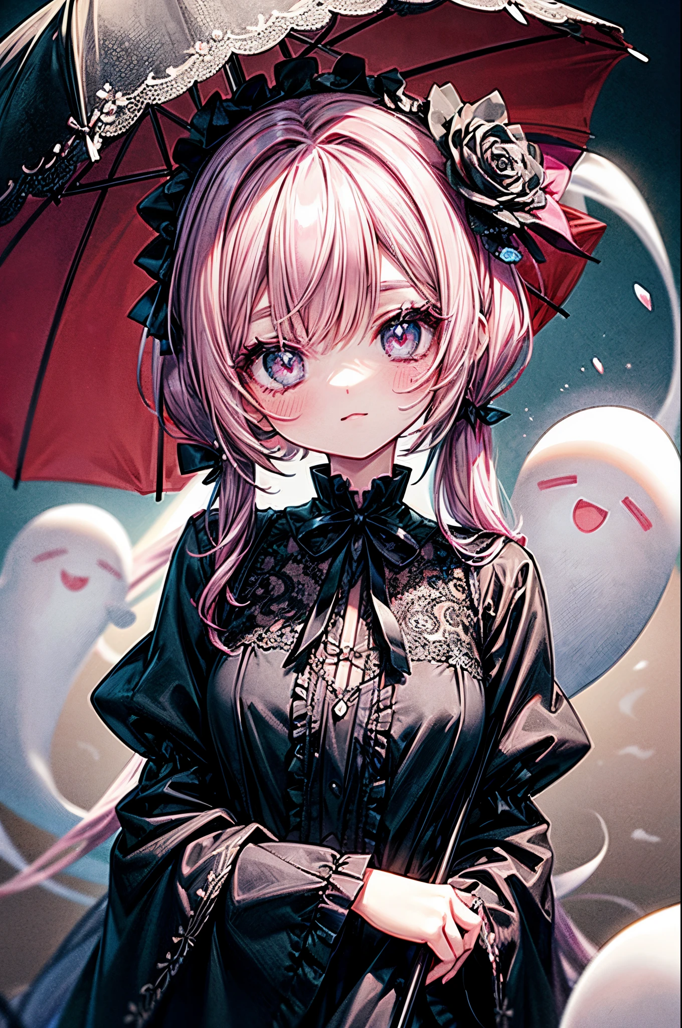 Masterpiece, best quality, high quality, ultra detailed, ghost princess, ghost and sakura aura, holding a cute umbrella, black pink gothic outfit, hair tied into two curly pigtails with black and white flower hairpins, perfect body shape, wearing black top hat with ribbon, masterpieces, light make up, ghost effect