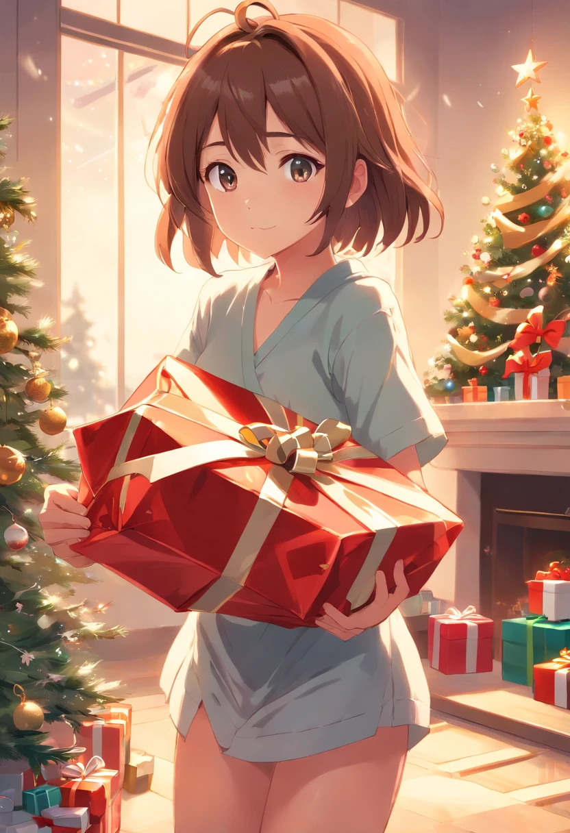 Chica anime con regalo de Navidad delante del árbol de Navidad. - SeaArt AI