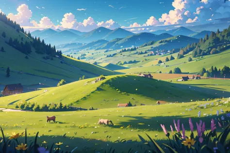 (illustrations : 1.0), Epic composition, photorealistic lighting, HD detail, ​masterpiece, Best quality at best, (Highly detailed CG integrated 8k wallpaper) , low hill behind the meadow