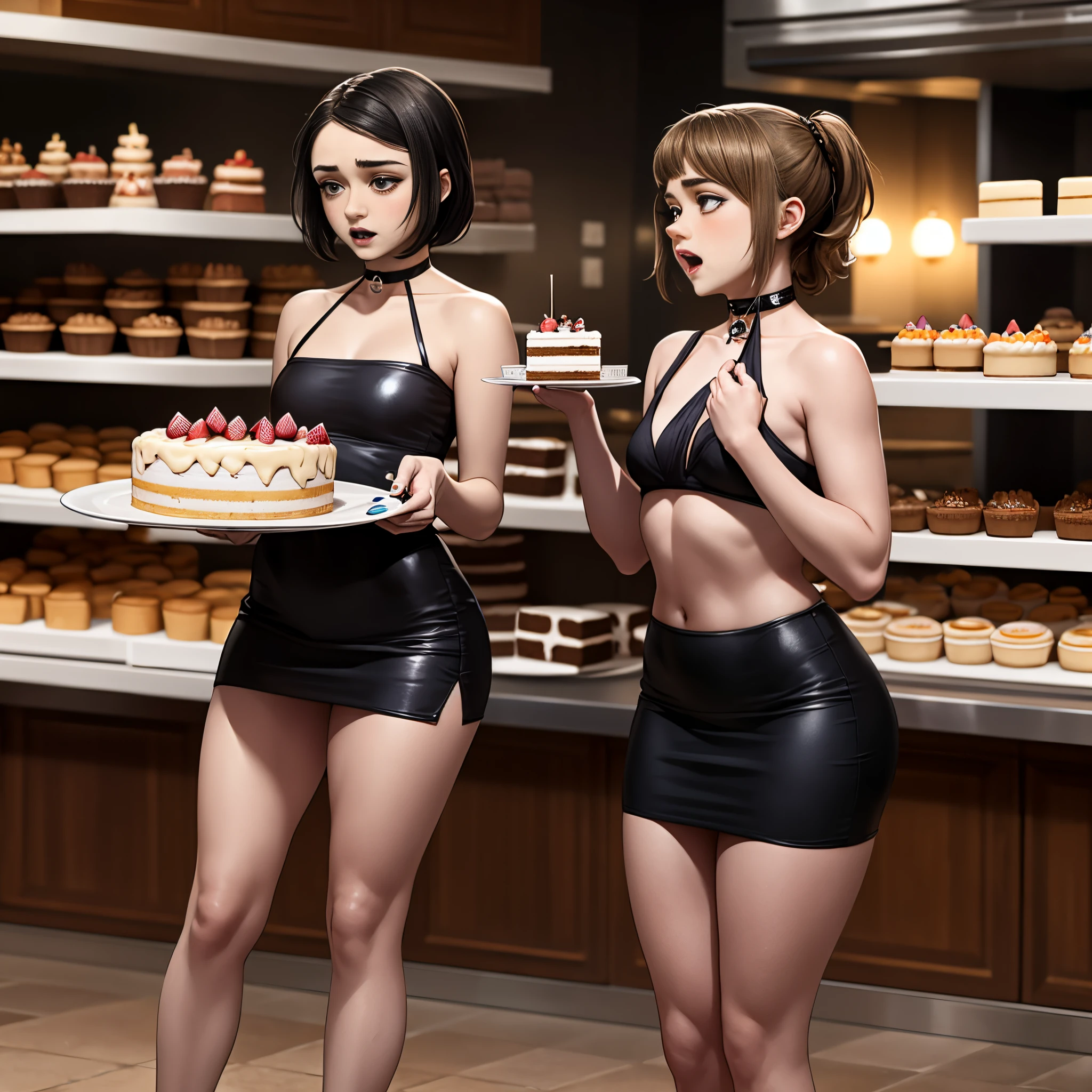 Maisie Williams, two girls, wearing short black miniskirt, wearing black tube top, wearing choker collar, black lipstick, black eyeliner, black hair, small breasts, in a bakery, realistic, masterpiece quality, studio lighting, surrounded by cake, cakes everywhere, cakes on shelves in background, cakes on floor, holding a plate with cake on it, blushing, embarrassed, burping, belching, eating cake, eating,