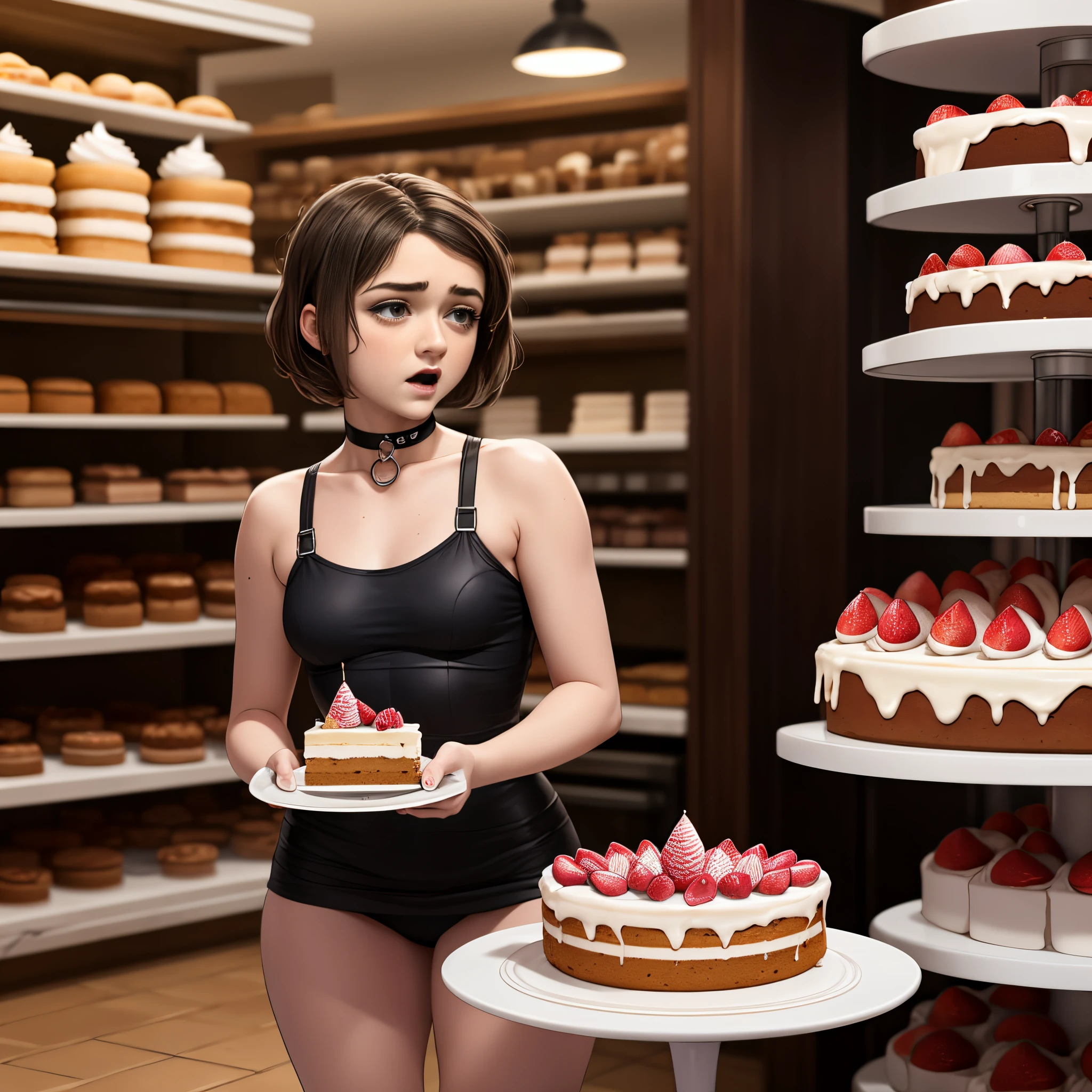 Maisie Williams, two girls, wearing short black miniskirt, wearing black tube top, wearing choker collar, black lipstick, black eyeliner, black hair, small breasts, in a bakery, realistic, masterpiece quality, studio lighting, surrounded by cake, cakes everywhere, cakes on shelves in background, cakes on floor, holding a plate with cake on it, blushing, embarrassed, burping, belching, eating cake, eating,