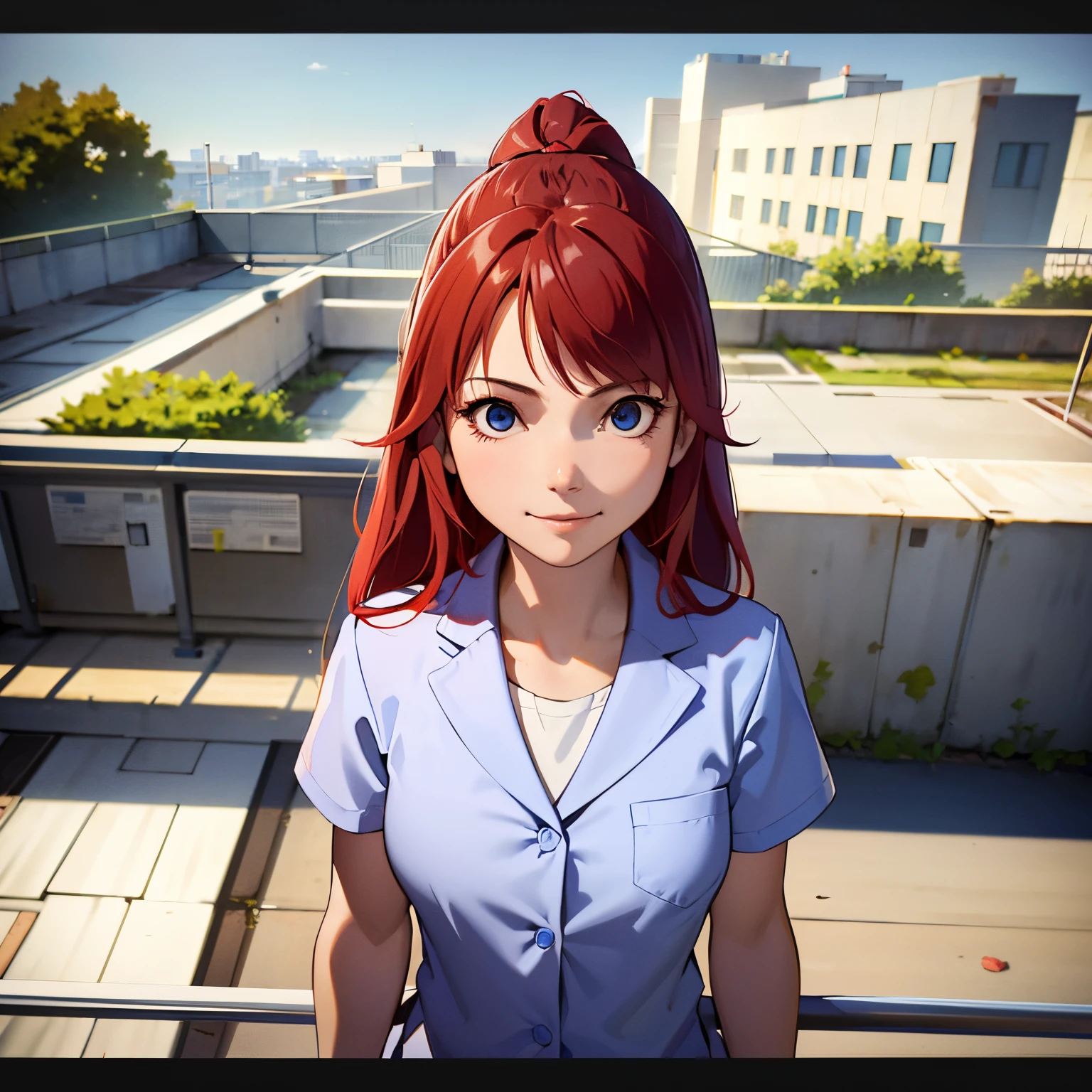 master piece, best quality, 1girl, elementary school student, long hair, ((red hair)), long hair, ponytail, blue eyes, on the roof of a hospital, ((fence)), (high handrail )), wears a surgery suit, ((detail of face)), ((without expression)), on the hospital roof, on top of the roof, ((with arms open)), (smiling), (standing no high handrail), clear sky