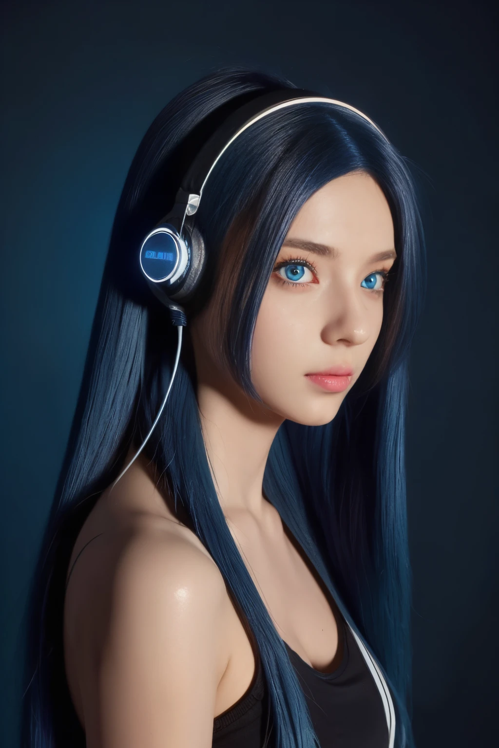 girl with long blue hair, blue eyes, futuristic vibes, mask on mouth, headphones, 8k, high quality, simple background, glowing eyes, nice pose