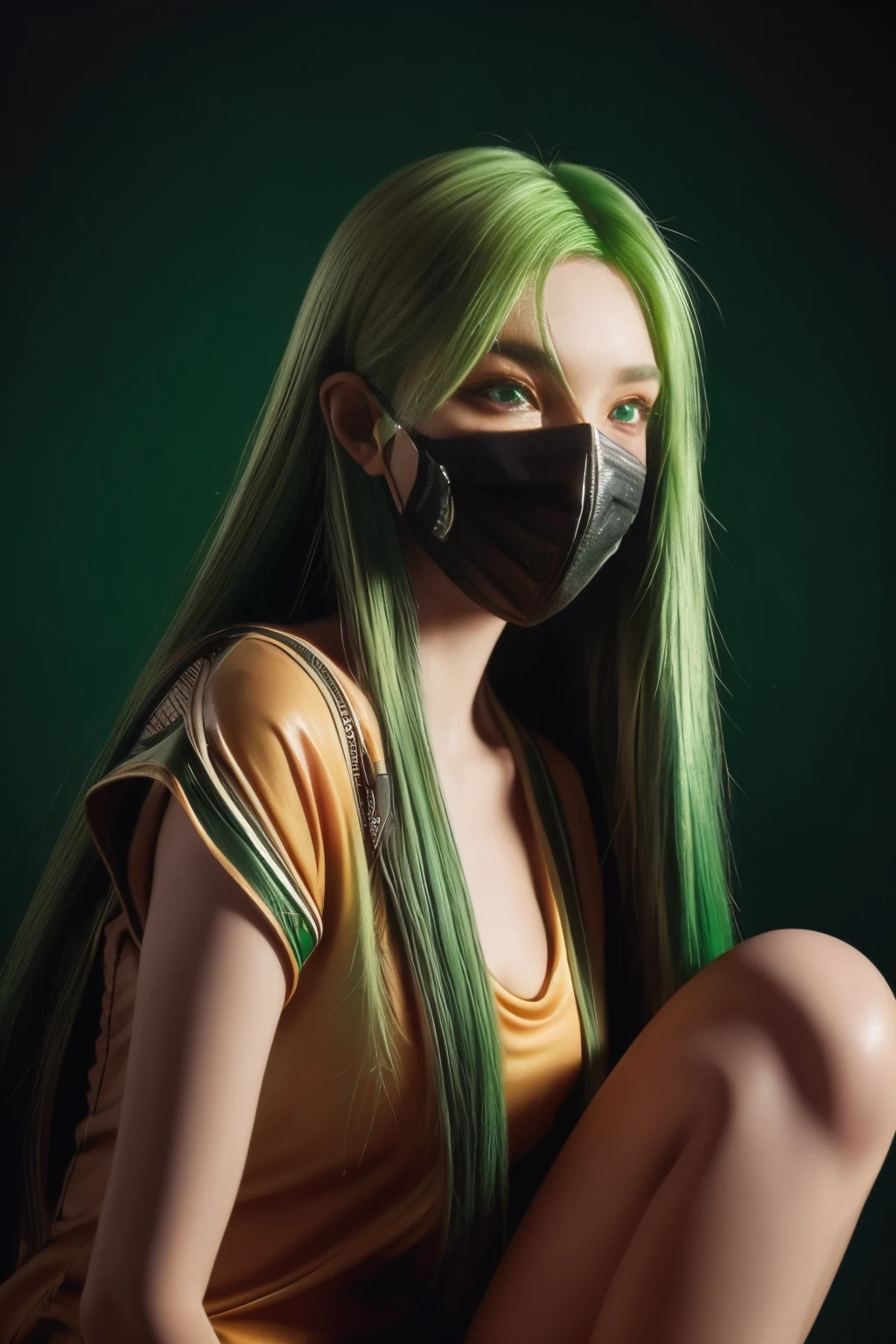 girl with long green hair, green eyes, futuristic vibes, mask on mouth, headphones, 8k, high quality, simple background, glowing eyes, nice pose