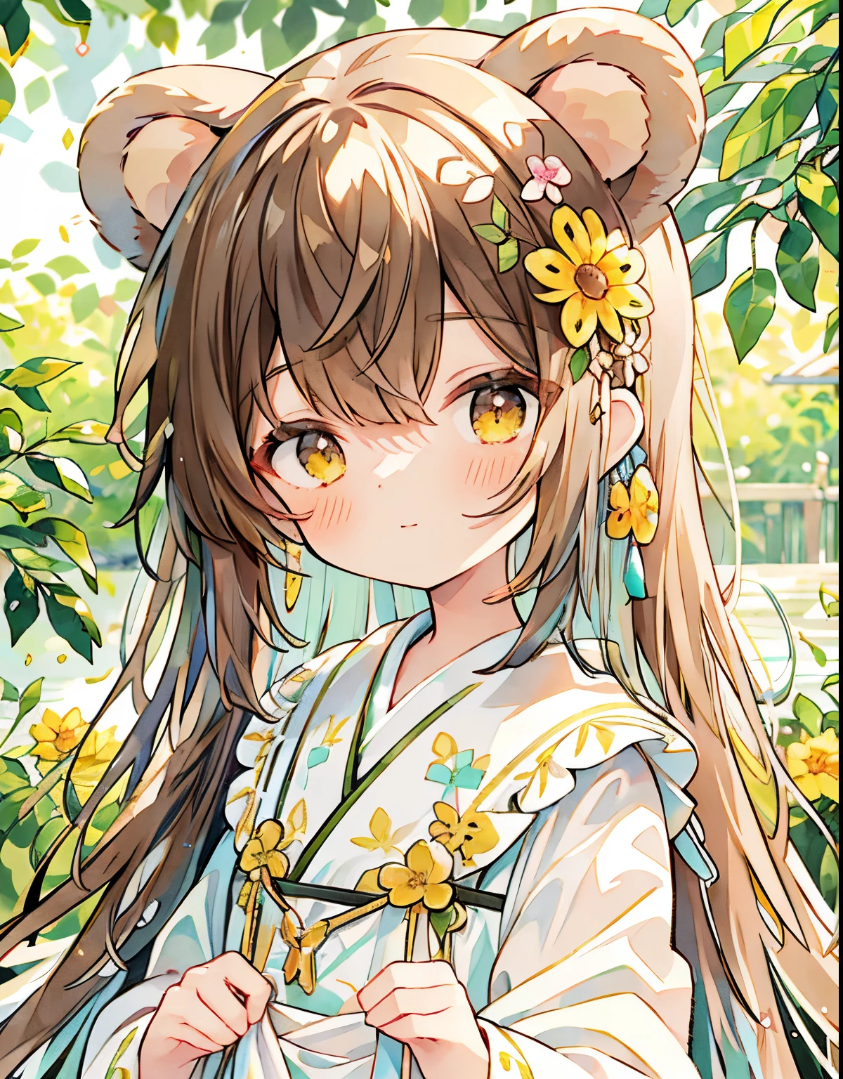 1girl in, Elegant floral dress, absurderes, hight resolution, (Anime style:1.1), ((masutepiece)), ((Best Quality)), (Ultra-detailed), (Beautiful),Beautiful face、(liftup),Cute  s、(((Bear ears)))((Stuffy look、))heart mark、honey、light brown hair、Yellow eyes、yellow flower、Background Simple、((The upper part of the body))、Long、 Intricate details, Soft and dreamy lighting, Pastel color palette, Shallow depth of field, The blur of sunlight shining through the leaves, Highly detailed, Hyper-realistic,