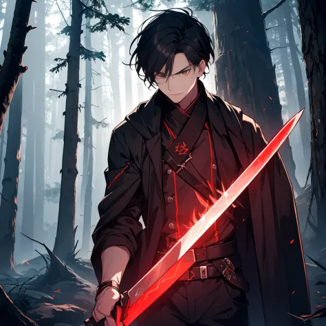 Man wearing black night jacket , The background is a forest, Sword in one hand, The blade of the knife is red glowing magic，red ...