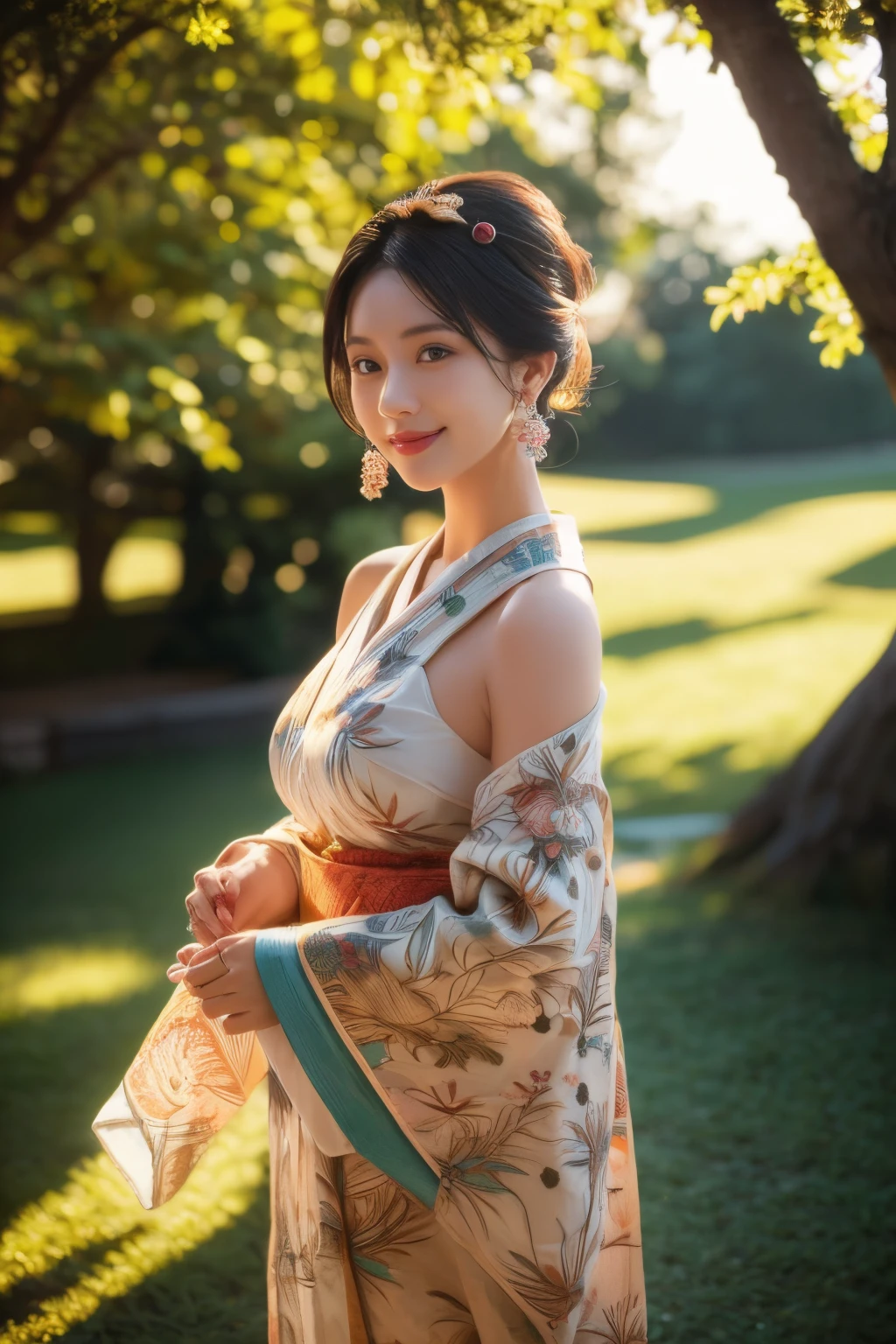 smile, looking at viewer, hair ornament, Japanese clothes, side Boobs, detached sleeves, wide sleeves, jewelry, earrings, bare shoulders, 1girl, windy, outdoors, DSLR, bokeh, outdoor, grass, trees, evergreen, sunlight, sunrays, detailed, Ultra-detail, highres, best quality, masterpiece, cinematic lighting,