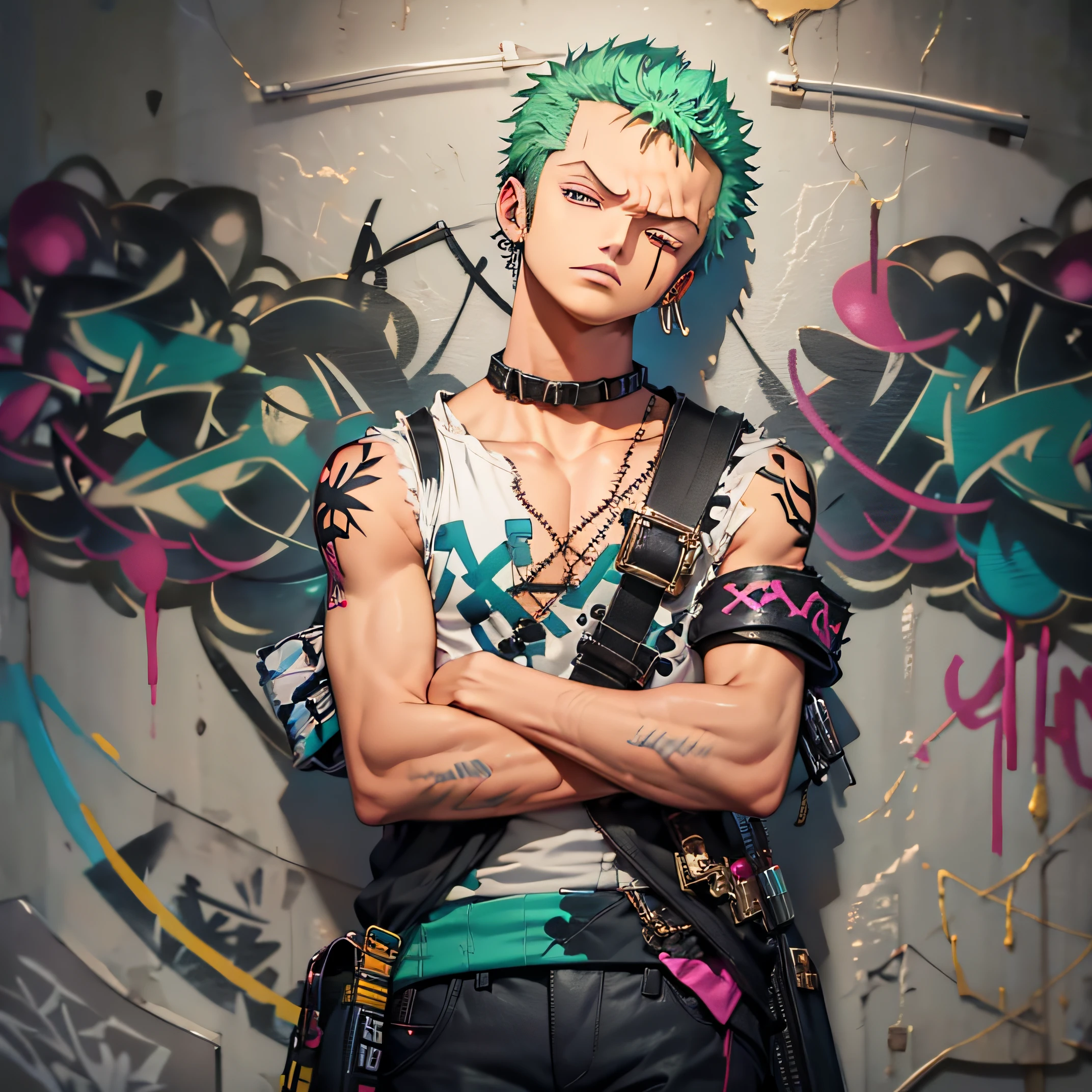 masterpiece, best quality, 1boy, solo, sando top, denim pants, choker, (graffiti:1.5), paint splatter, arms behind back, against wall, looking at viewer, armband, thigh strap, paint on body, head tilt, bored, multicolored hair, aqua eyes, headset, Roronoa Zoro,