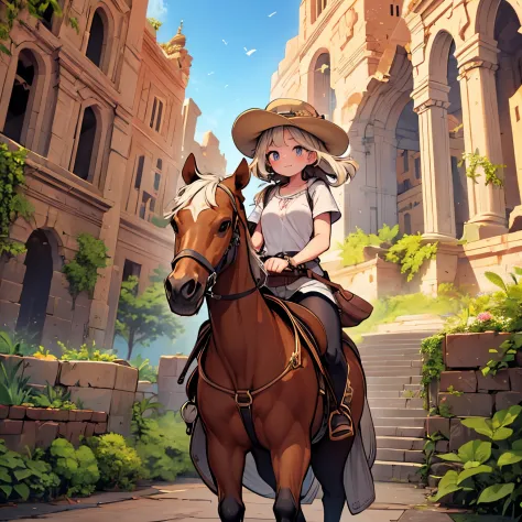 A masterpiece, a detailed background, Indiana Jones worldview、Petra Ruins、 cute girl riding a horse、Cowboy Hat