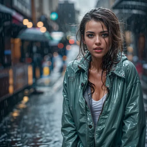 ((best quality)), ((masterpiece)), (detailed), glammed up woman caught in a downpour, wet hair, wet clothes, soaked, dripping we...