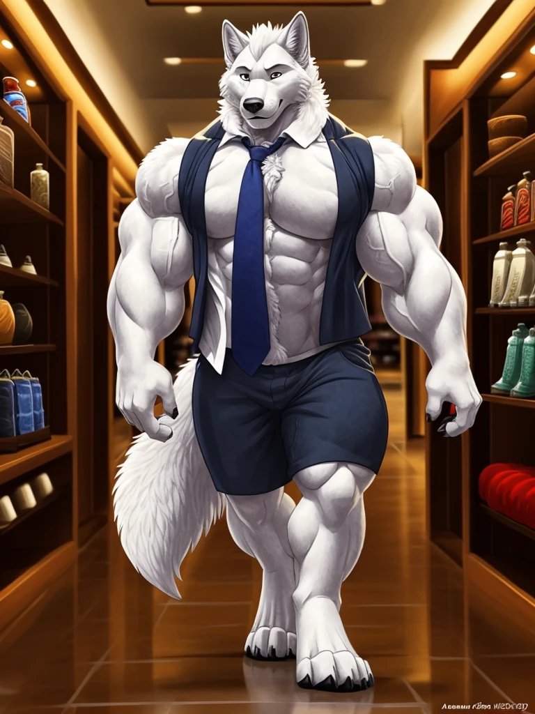 4k, high resolution, best quality, perfect lightning, perfect shadows, solo, anthro, young, boy, wolf, furry body, (monotone white fur:1.4), (fluffy mane:1.2), fluffy tail, male, adult, (bulky, thick muscles, huge muscles, hyper muscles:1.), (thick biceps, veiny biceps, big broad veiny pecs, broad shoulders:1.1), digitigrade legs, 4 toes, perfect colors, (photorealistic fur, detailed fur, epic, masterpiece), walking, detailed modern shopping mall, open shirt, tie, black shorts, detailed wolf eyes, by wfa, by zaush