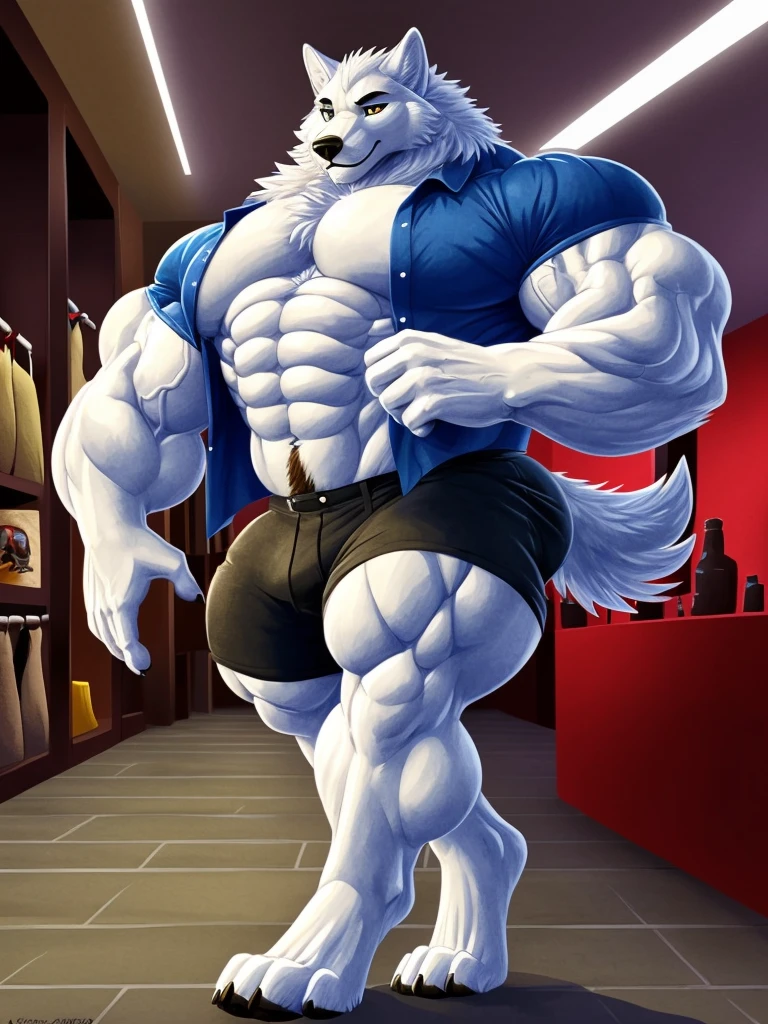 4k, high resolution, best quality, perfect lightning, perfect shadows, solo, anthro, young, boy, wolf, furry body, (monotone white fur:1.4), (fluffy mane:1.2), fluffy tail, male, adult, (bulky, thick muscles, huge muscles, hyper muscles:1.25), (thick biceps, veiny biceps, big broad veiny pecs, broad shoulders:1.1), digitigrade legs, (4 toes), perfect colors, (photorealistic fur, detailed fur, epic, masterpiece), walking, detailed modern shopping mall, open shirt, tie, black shorts, detailed wolf eyes, by wfa, by zaush