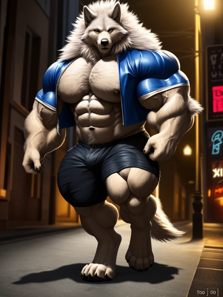 4k, high resolution, best quality, perfect lightning, perfect shadows, solo, anthro, young, boy, Iberian wolf, furry body, (fluffy mane:1.2), fluffy tail, male, adult, (bulky, thick muscles, huge muscles, hyper muscles:1.25), (thick biceps, veiny biceps, big broad veiny pecs, broad shoulders:1.1), digitigrade legs, (4 toes), perfect colors, (photorealistic fur, detailed fur, epic, masterpiece), walking, detailed urban bar, open leather jacket, tie, black shorts, detailed wolf eyes, by tojo the tief