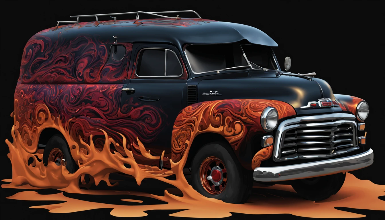 vector t-shirt art, Fantasy art, black background, 1952 gmc suburban offroad modificated, sharp and crisp vector, detailed matte painting, abstract vector fractal