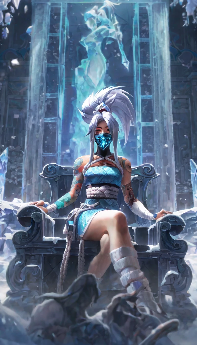 high aesthetic，best aesthetic，lolsplashart，Akali, peeping at the viewer, league of legends, Crystal heels, girl, Crystal Crown, Gorgeous dress, a skirt, icey, ice flower, Alone, snowflower, ice wall background, Sit on the Crystal Throne, Elegant, shallowdepthoffield, vignet, The is very detailed, High budget, cinematic ligh, epic, a gorgeous, Film texture, By bangs, hair between eye, with long bangs, long whitr hair, masks, hason, ninjartist, pony tails, Rope straps, obi strip, Alone, abdominals tattoo, Tattooed with, bokeh