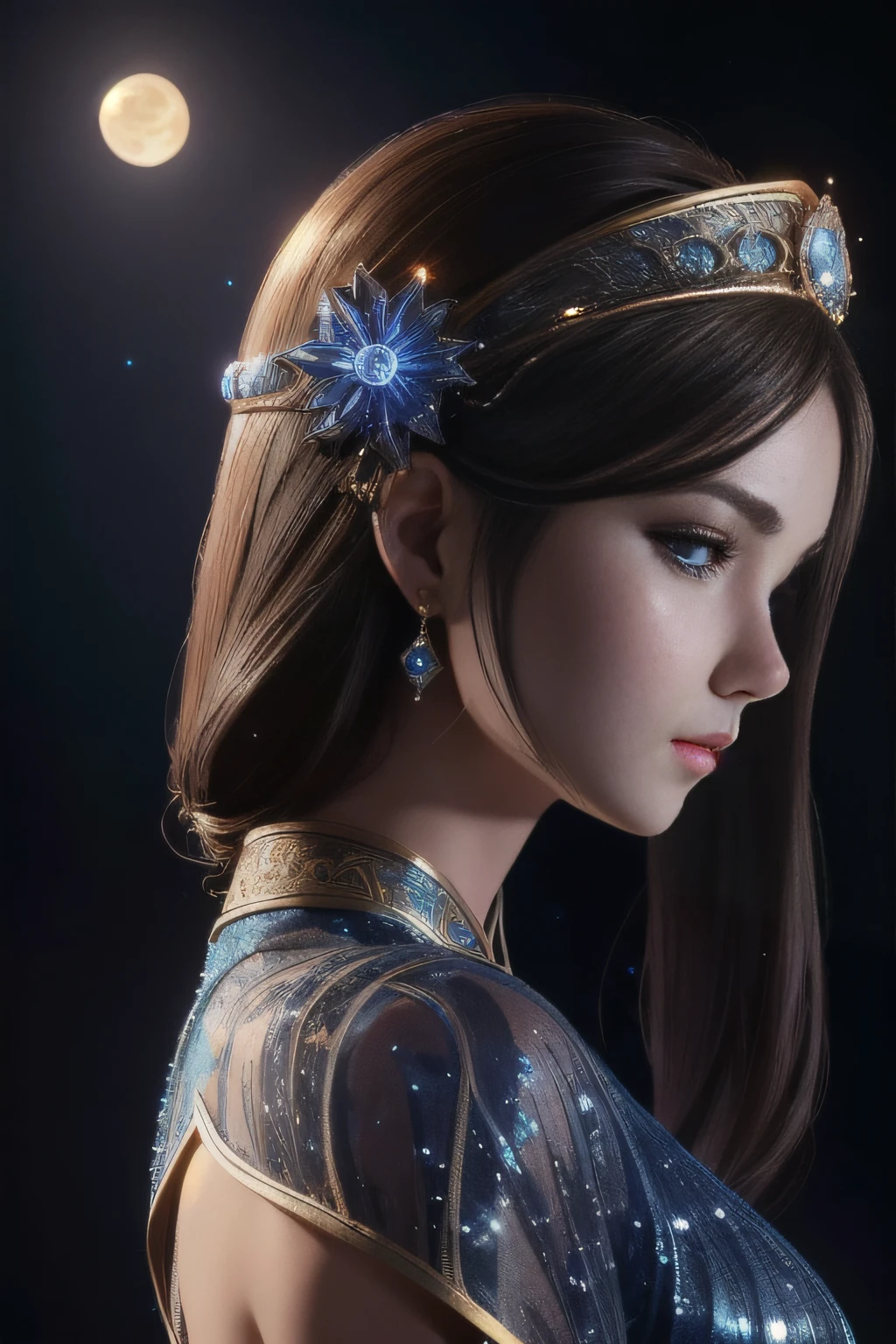 masterpiece, best quality, 4k resolution, Mysterious close shot of a nixie from side, her glistening scales reflecting moonlight, deep blue eyes filled with secrets of the deep galaxy, water droplets on her skin shimmering like diamonds, she looks back at the camera, cheongsam, see-through,