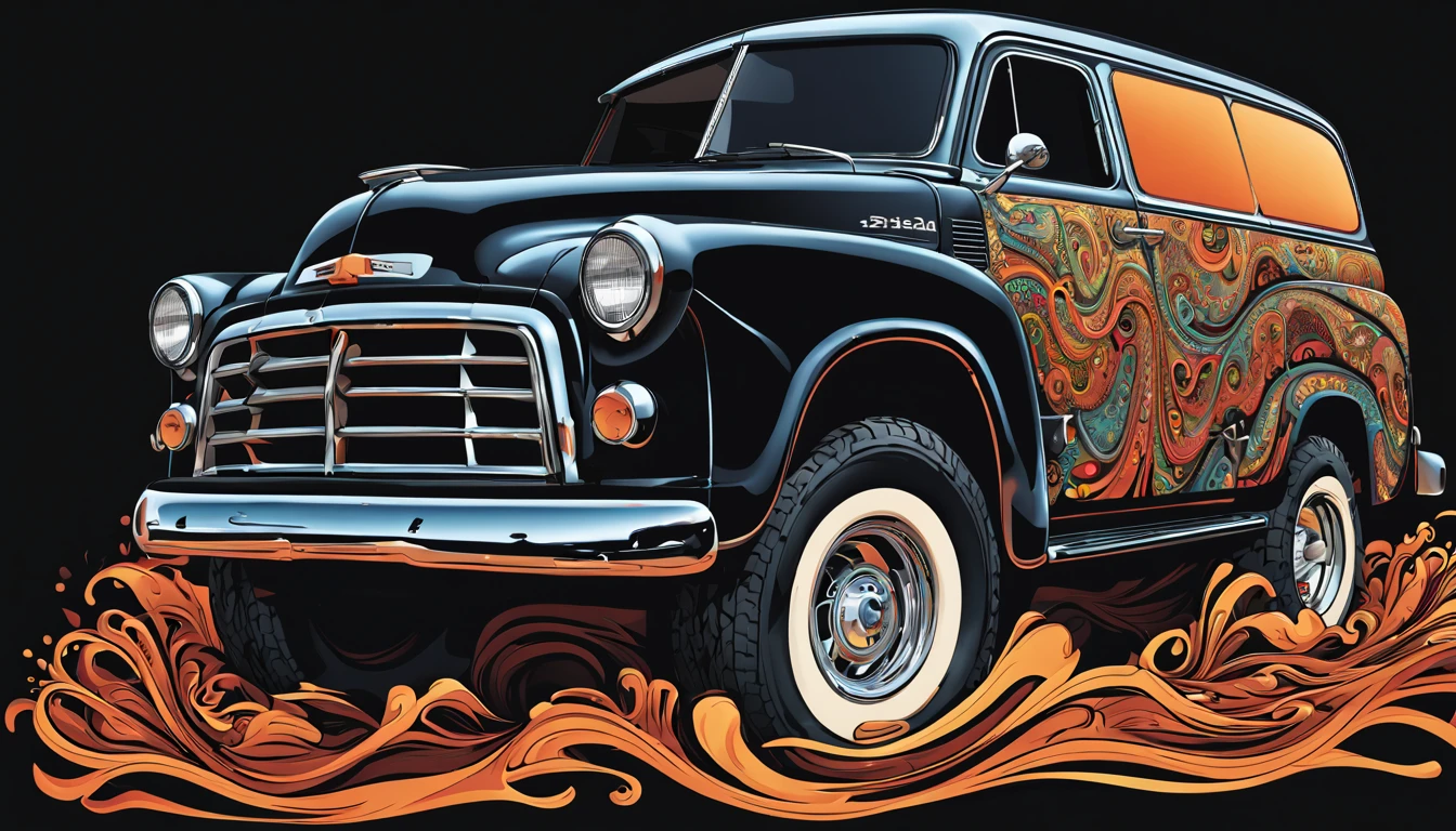 vector t-shirt art, Fantasy art, black background, 1952 gmc suburban offroad modificated, sharp and crisp vector, detailed matte painting, abstract vector fractal, wave function, Zentangle, 3d shading