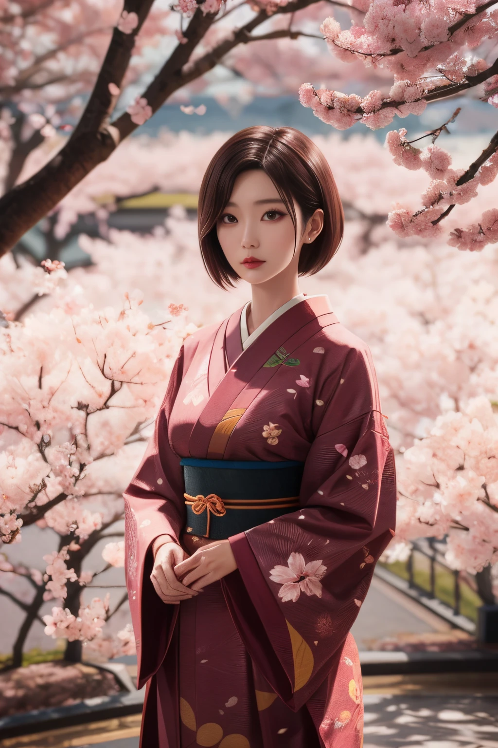 beautiful japanese young woman, thick symmetrical features, very short hair, background is cherry blossoms, pink aura, red lips, octane render,