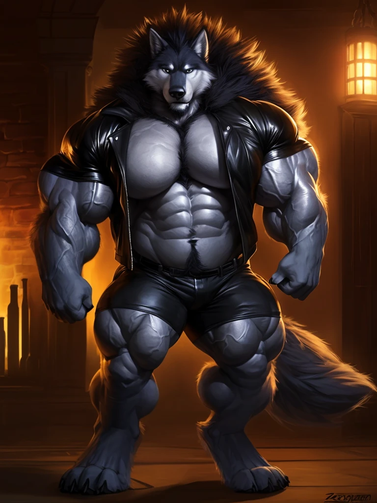 4k, high resolution, best quality, perfect lightning, perfect shadows, solo, anthro, young, boy, Iberian wolf, furry body, (fluffy mane:1.2), fluffy tail, male, adult, (bulky, thick muscles, huge muscles, hyper muscles:1.25), (thick biceps, veiny biceps, big broad veiny pecs, broad shoulders:1.1), (thick legs, thick calves:1.1), (digitigrade legs, 4 toes:1.2), perfect colors, (photorealistic fur, detailed fur, epic, masterpiece), (strongman, manly, masculine:1.4), detailed modern bar, (black leather jacket, open jacket, tie, black shorts), detailed wolf eyes, by zeforge, by darkgem