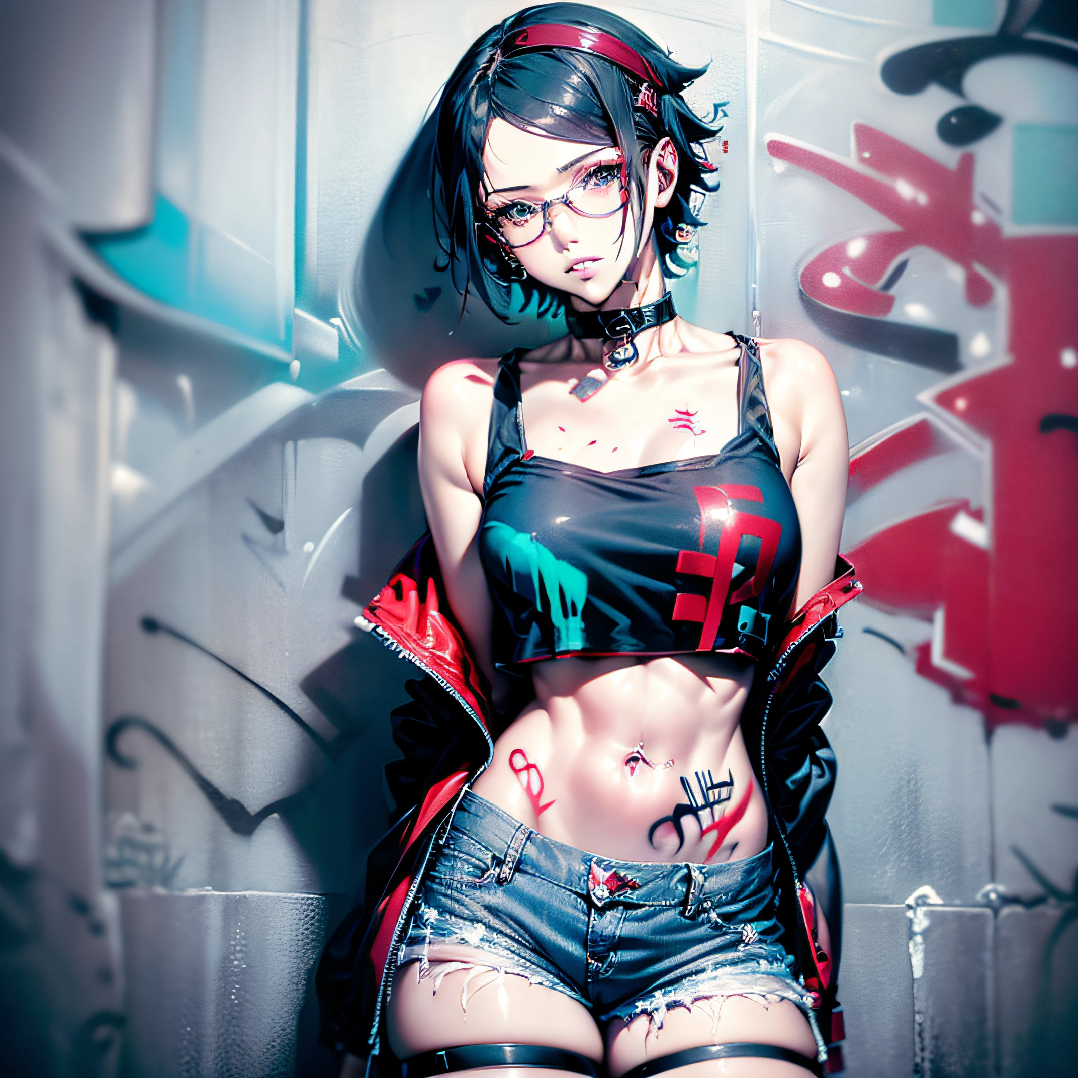 masterpiece, best quality, 1girl, solo, crop top, denim shorts, choker, (graffiti:1.5), paint splatter, arms behind back, against wall, looking at viewer, armband, thigh strap, paint on body, head tilt, bored, multicolored hair, aqua eyes, headset, Sarada Uchiha