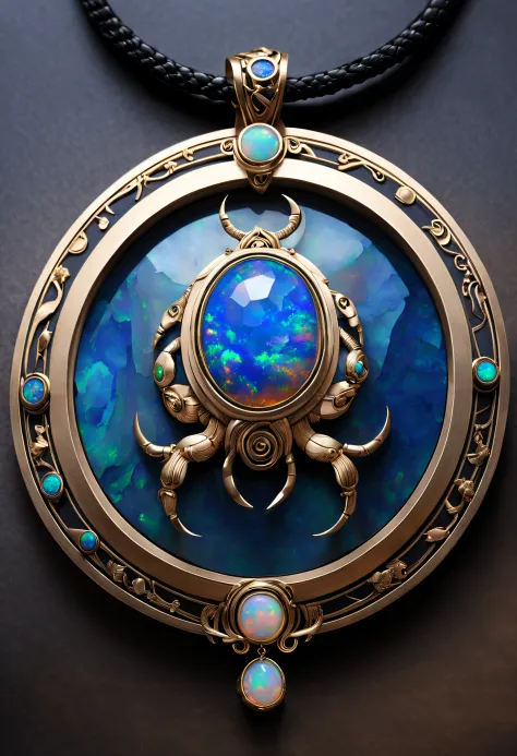 Item design, (a circular zodiac pendant), (a double opal stone in the middle: 1.3), (only one double opal), (a black leather rop...