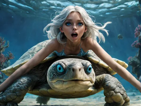 (​masterpiece), realistic, cinematic light,15-year-old girl, ride on a big turtle, under the sea, full body, from above and side...