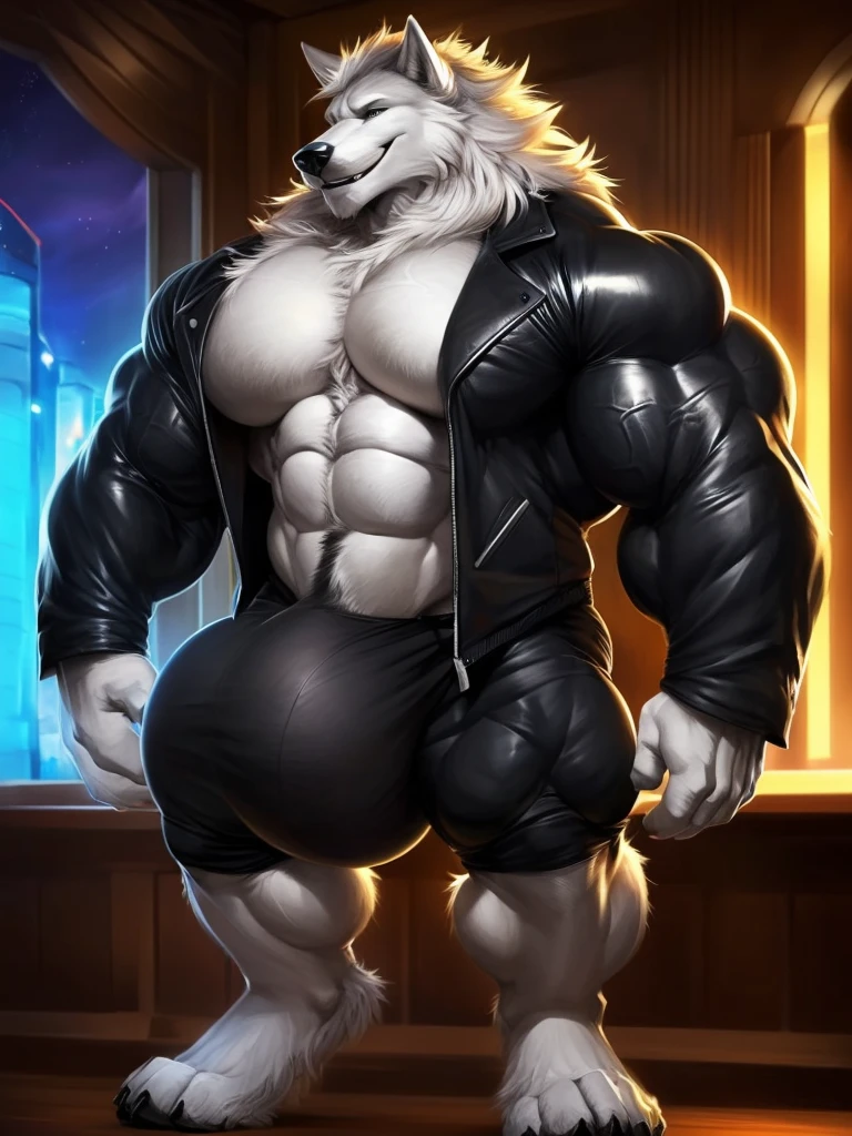 4k, high resolution, best quality, perfect lightning, perfect shadows, solo, anthro, young, boy, wolf, furry body, (fluffy mane:1.2), fluffy tail, male, adult, (bulky, thick muscles, huge muscles, hyper muscles:1.25), (thick biceps, veiny biceps, big broad veiny pecs, broad shoulders:1.1), (thick legs, thick calves:1.1), (digitigrade legs, 4 toes:1.2), (huge bulge, hyper bulge), perfect colors, (photorealistic fur, detailed fur, epic, masterpiece), (suggestive posing:1.2), (seductive smile, lustful grin 1.3), detailed modern bar, (black leather jacket, open jacket, tie, black shorts), detailed wolf eyes, by k0suna, by darkgem
