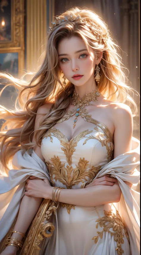 (Best quality at best,8K,A high resolution,tmasterpiece:1.2),ultra - detailed,Realistic details:1.37,One lady,White dress with gold edges,golden hair scattered around,&#396 cents,Full body picture 1.4 cents,realistically,physically-based renderingt, The ar...