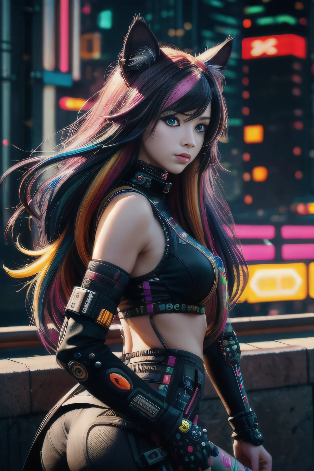 beautiful photorealistic photograph of a cyberpunk catgirl with long multicolor hair and swishing tail, ((Best quality)), ((masterpiece)), (detailed: 1.4), depth of field f/2.8,