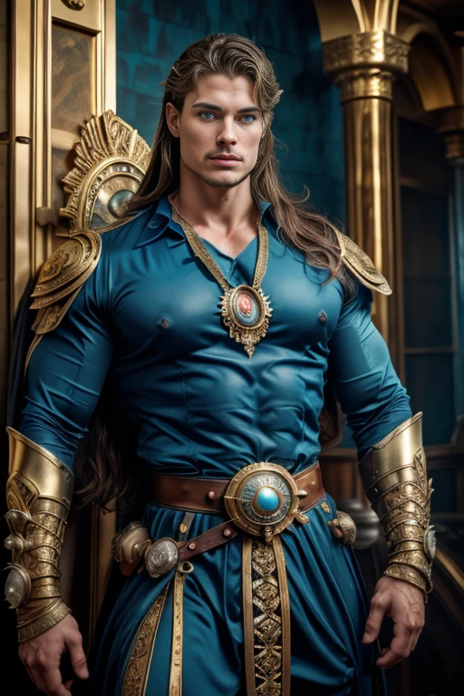 (( Man )), ( with a peacock) )), with a necklace ,((blue eyes)), ((long hair)), muscular male hero, attractive, half shot of a hunky, handsome prince, heroic male pose, sexy male, :: very high detail, strong male features, masculine and strong, handsome stunning realistic, beautiful body, ((in the background Antares Station,)), 35mm Lens Launch, God of the Sea, God of the Ocean, Luthien, Art of God, God of Greek Mythology, God of the Moon, God of Love and Peace, Beautiful God, Mythology of the God of the Earth, the god Eros, A Stunning Portrait of a God, Frank Kelly Freas, Karol Bak Style, ((gorgeous face)), Ultra Definition, Best Quality, 32k Ultra, Ultra HD , Higher Contrast, Warm & Vibrant Colors, Inprirado in French Victoria, Gothic Beauty