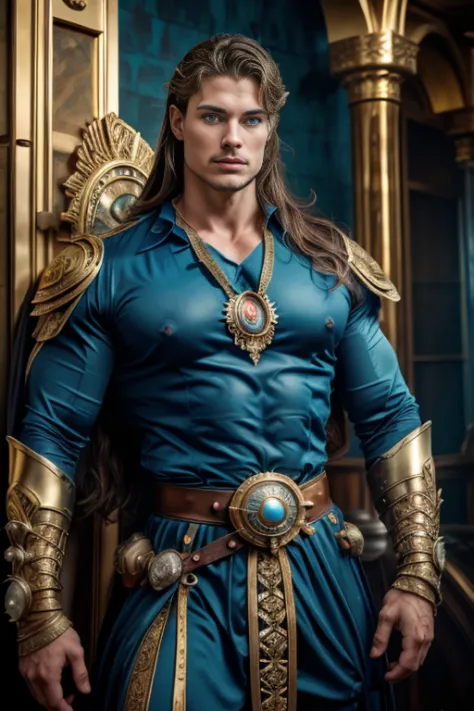 (( Man )), ( with a peacock) )), with a necklace ,((blue eyes)), ((long hair)), muscular male hero, attractive, half shot of a h...