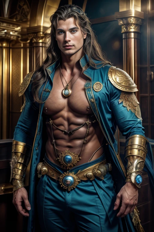 (( Man )), ( with a peacock) )), with a necklace ,((blue eyes)), ((long hair)), muscular male hero, attractive, half shot of a hunky, handsome prince, heroic male pose, sexy male, :: very high detail, strong male features, masculine and strong, handsome stunning realistic, beautiful body, ((in the background Antares Station,)), 35mm Lens Launch, God of the Sea, God of the Ocean, Luthien, Art of God, God of Greek Mythology, God of the Moon, God of Love and Peace, Beautiful God, Mythology of the God of the Earth, the god Eros, A Stunning Portrait of a God, Frank Kelly Freas, Karol Bak Style, ((gorgeous face)), Ultra Definition, Best Quality, 32k Ultra, Ultra HD , Higher Contrast, Warm & Vibrant Colors, Inprirado in French Victoria, Gothic Beauty