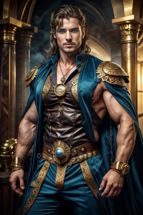 (( Man )), ( with a peacock) )), with a necklace ,((blue eyes)), ((long hair)), muscular male hero, attractive, half shot of a h...