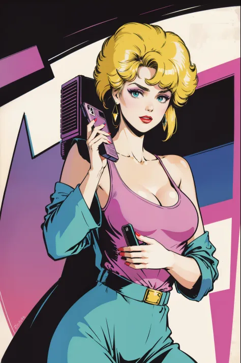 masterpiece, best quality, 1girl, solo, artstyle_pabloromero_ownwaifu,  www.ownwaifu.com, retro artstyle, 1980s \(style\),painting \(medium\), halftone_background, 
aqua nails, blonde hair, blue nails, breasts, cellphone, cleavage, cup, earrings, jewelry, ...