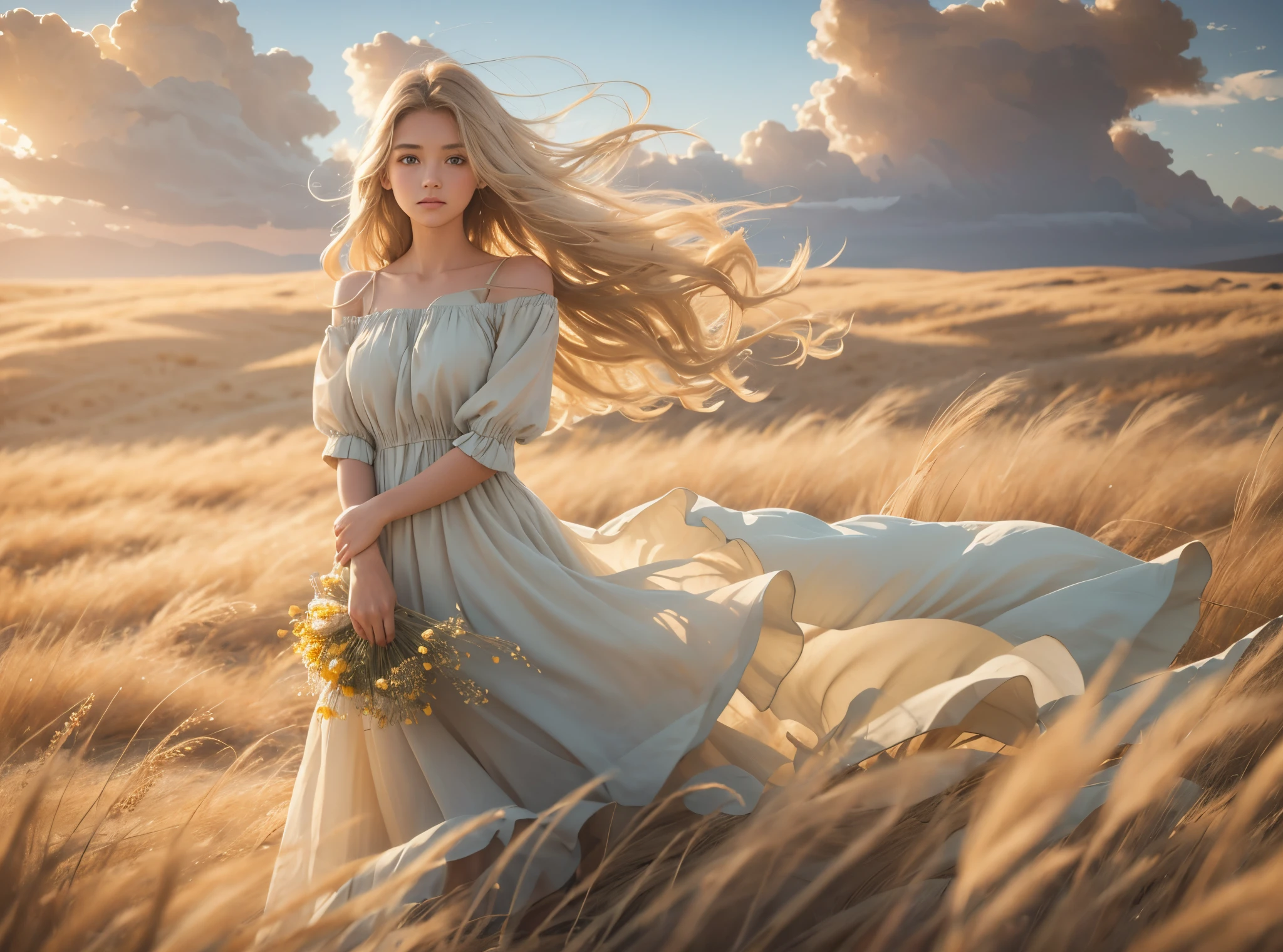 A woman in a dress is walking through a field of tall grass SeaArt AI